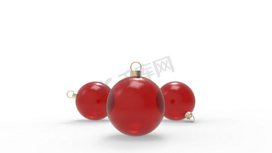 白色背景上的红色透明玻璃球，圣诞树的彩色圣诞球，3d 渲染图，圣诞假期卡背景