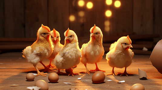 一群鸡围着一个碎鸡蛋站着
