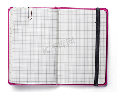 带回形针和弹性带的粉红色笔记本空白页 i