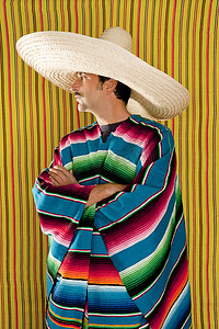 墨西哥侧面人物典型的雨披阔边帽 serape