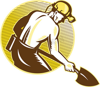 煤矿工人用铲子复古木刻