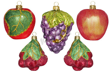 白色背景上的 5 个水果形式的圣诞装饰品