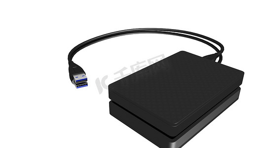 硬盘小零件摄影照片_有USB缆绳的便携式的外部硬盘驱动器在白色背景。