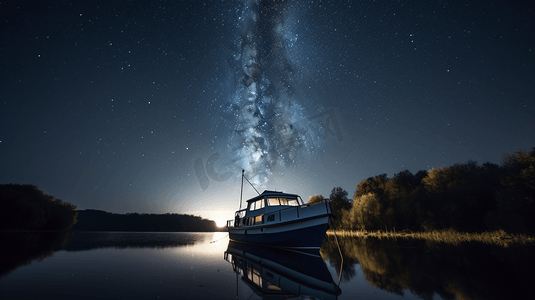 星夜下水面上的白色小船