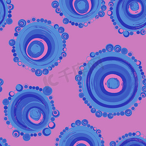 几何无缝图案，纹理与不同尺寸颜色完美接触的嵌套圆圈。重复图案与圆圈填充点。用于纺织品，包装纸，横幅。粉红色的天蓝色