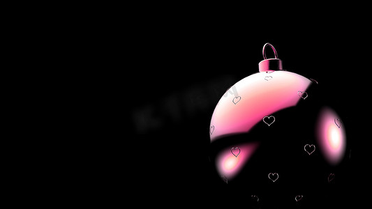 粉色卡通情人节摄影照片_黑色背景上带有心形图案的圣诞粉色球，圣诞树的彩色圣诞球，3d 渲染图，圣诞假期卡背景，情人节爱情卡通围巾