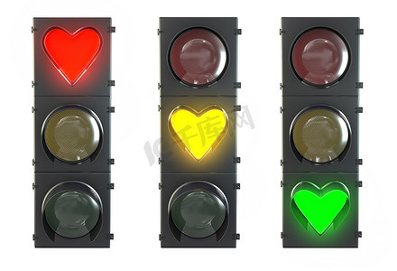 “一组心形红、黄、绿林红绿灯”