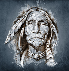 “纹身艺术素描，美洲印第安人头像肖像”