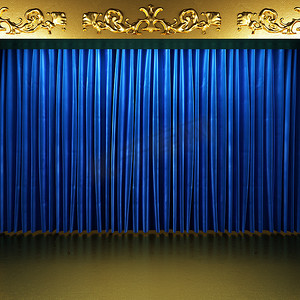 布幕摄影照片_舞台上有金色的蓝色布幕