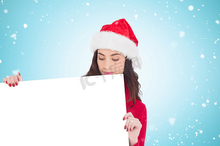圣诞老人帽中黑发美女的合成图像显示白色海报
