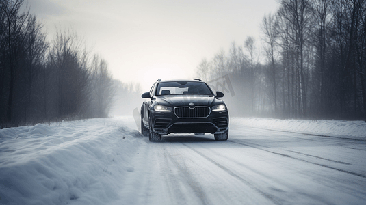 积雪覆盖摄影照片_白天在积雪覆盖的道路上行驶的黑色汽车