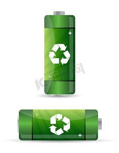 电池回收标志摄影照片_带有回收标志的绿色电池。