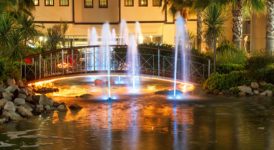 酒店外部摄影照片_豪华五星级酒店的夜间喷泉