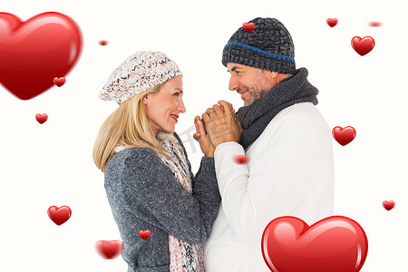 情侣在冬季时尚拥抱中的复合形象
