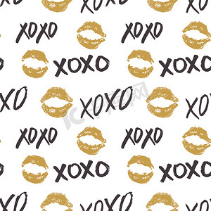 海报毛笔摄影照片_XOXO 毛笔字母标志无缝图案，Grunge 书法拥抱和亲吻短语，互联网俚语缩写 XOXO 符号，在白色背景上隔离的矢量插图