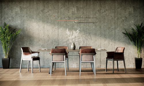 现代阁楼餐厅室内设计、灰色阁楼墙壁和镶木地板、3d 渲染背景