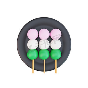 亚洲食品 dango、日本食品的 3d 插图