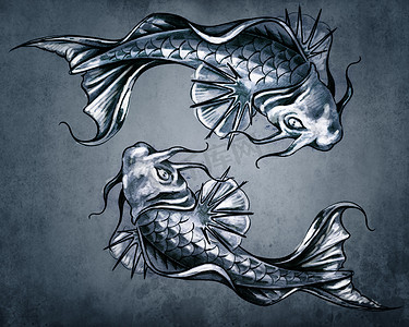 “二元性概念纹身，蓝色复古 b 上的两条日本金鱼”