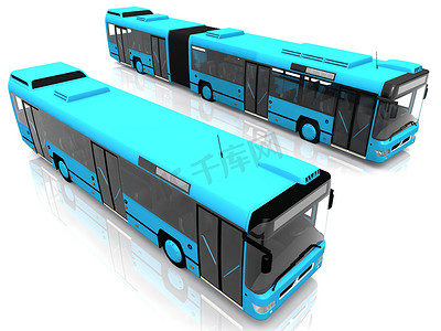 公交车背景摄影照片_白色背景中的两辆蓝色城市公交车