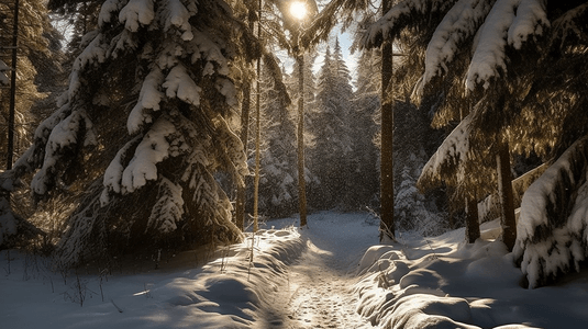 两棵常绿树之间白雪覆盖的小路