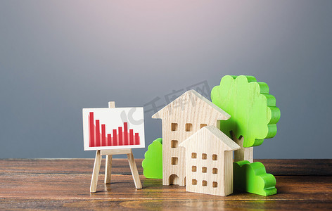 住宅楼的数字和带有红色下降趋势图的画架。