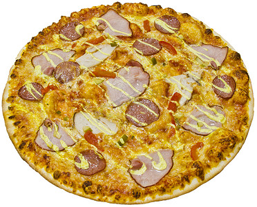 圆火腿摄影照片_孤立在白色背景上的火腿和意大利腊肠比萨
