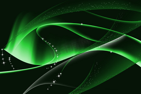 与波浪和曲线发光的绿色摘要在黑暗的背景