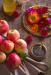 苹果和蜂蜜，犹太新年庆祝活动的传统食品，Rosh Hashana。