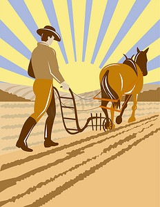 农民耕地摄影照片_农夫和马在耕地