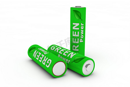 绿色的电池摄影照片_三个白色的绿色生态电池