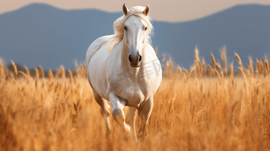 一匹白马走在干草田野上