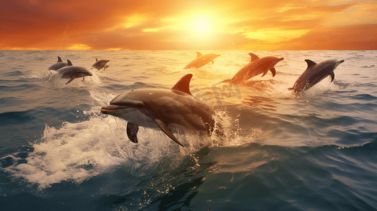 一群在海里游泳的海豚