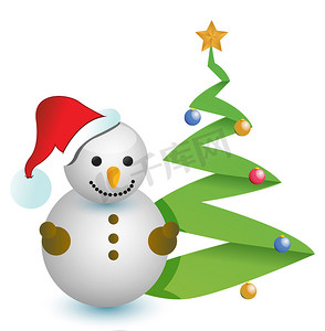 插画白色圣诞树摄影照片_白色的雪人和圣诞树插画设计