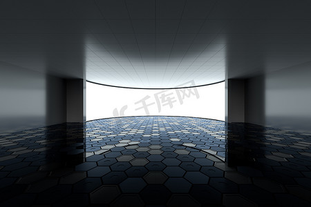 空荡荡的圆形房间，有发光的白色屏幕，3d 渲染。
