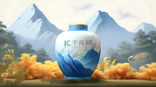 中国风青花瓷瓷器山水背景