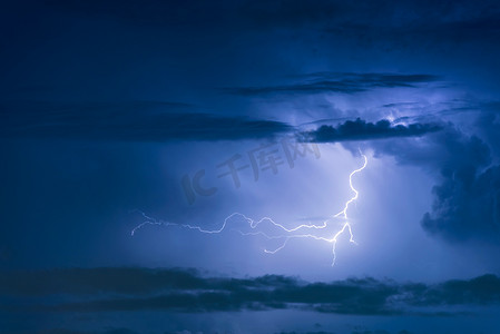 雷暴雷击在夜间乌云密布的天空背景上。