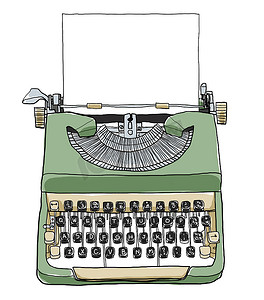 绿色英式打字机与纸质可爱艺术插画