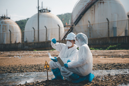 生物学家穿防护服和面具从工业收集废水样本