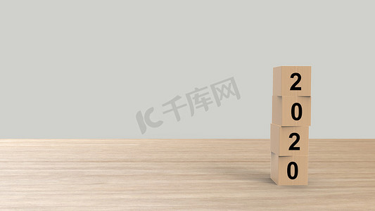 2020 数字字木立方体在桌子上垂直于灰色光背景高清，模型，模板，带有文本复制空间的横幅，新年快乐设计概念。