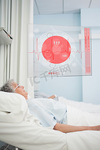 医学重症摄影照片_病人躺在医院病床上，带有未来派心电图数据显示