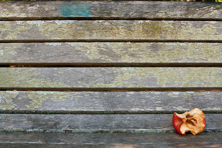 被吃掉的苹果核坐在空荡荡的公园长椅上