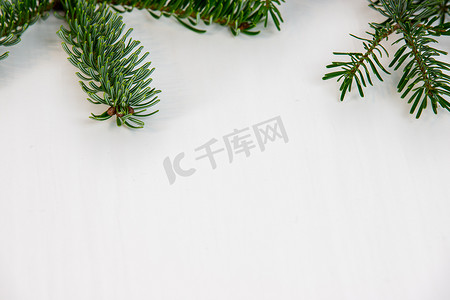 圣诞主题、质地、背景与诺德曼冷杉的分支在左上角的白色背景上，带有文本的可用空间。