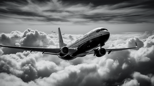 天空中飞翔摄影照片_黑白飞机在天空中飞翔