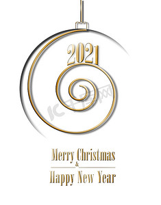 2021年圣诞快乐，新年快乐，白色背景中的金色螺旋形