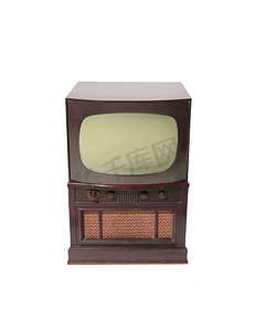 电视机天线摄影照片_白色背景中的 1960 年代旧电视机前