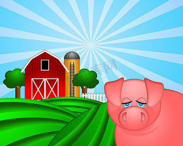 谷田摄影照片_绿色牧场上的猪与带粮仓的红色谷仓