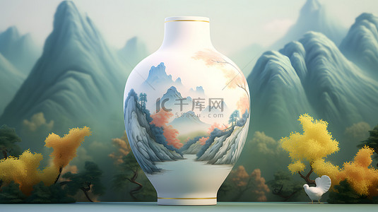 中国风青花瓷瓷器山水背景