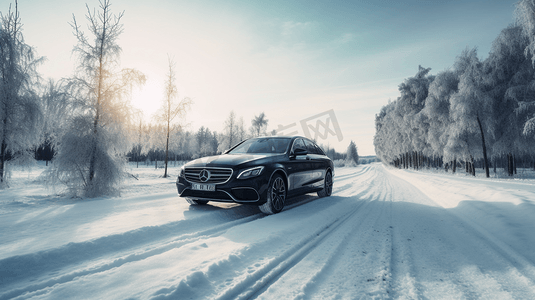 白天在积雪覆盖的道路上行驶的黑色汽车