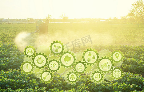 未来派创新技术齿轮和农民用喷雾器处理马铃薯种植园。