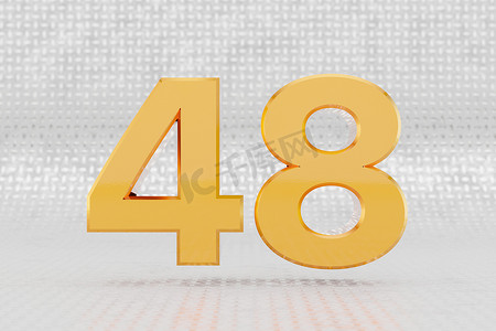 黄色 3d 数字 48。金属地板背景上有光泽的黄色金属数字。 